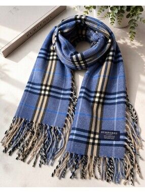 Burberry London 100% Cashmere Scarf Blue Nova Check Plaid Made in England Fringe